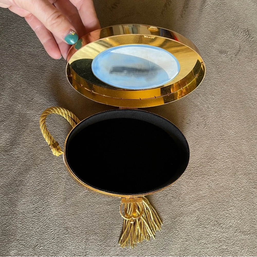 Vintage Italian Gold Metal Embossed Oval Evening Clutch with Tassel Wristlet